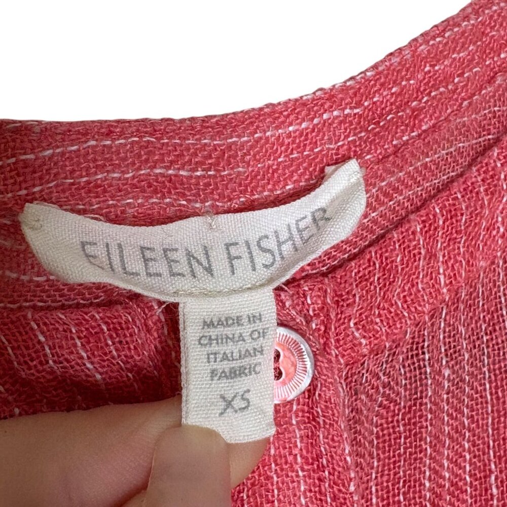 Eileen Fisher Women’s XS Coral 100% Linen Gauze Striped Henley Top Coastal - Picture 3 of 11